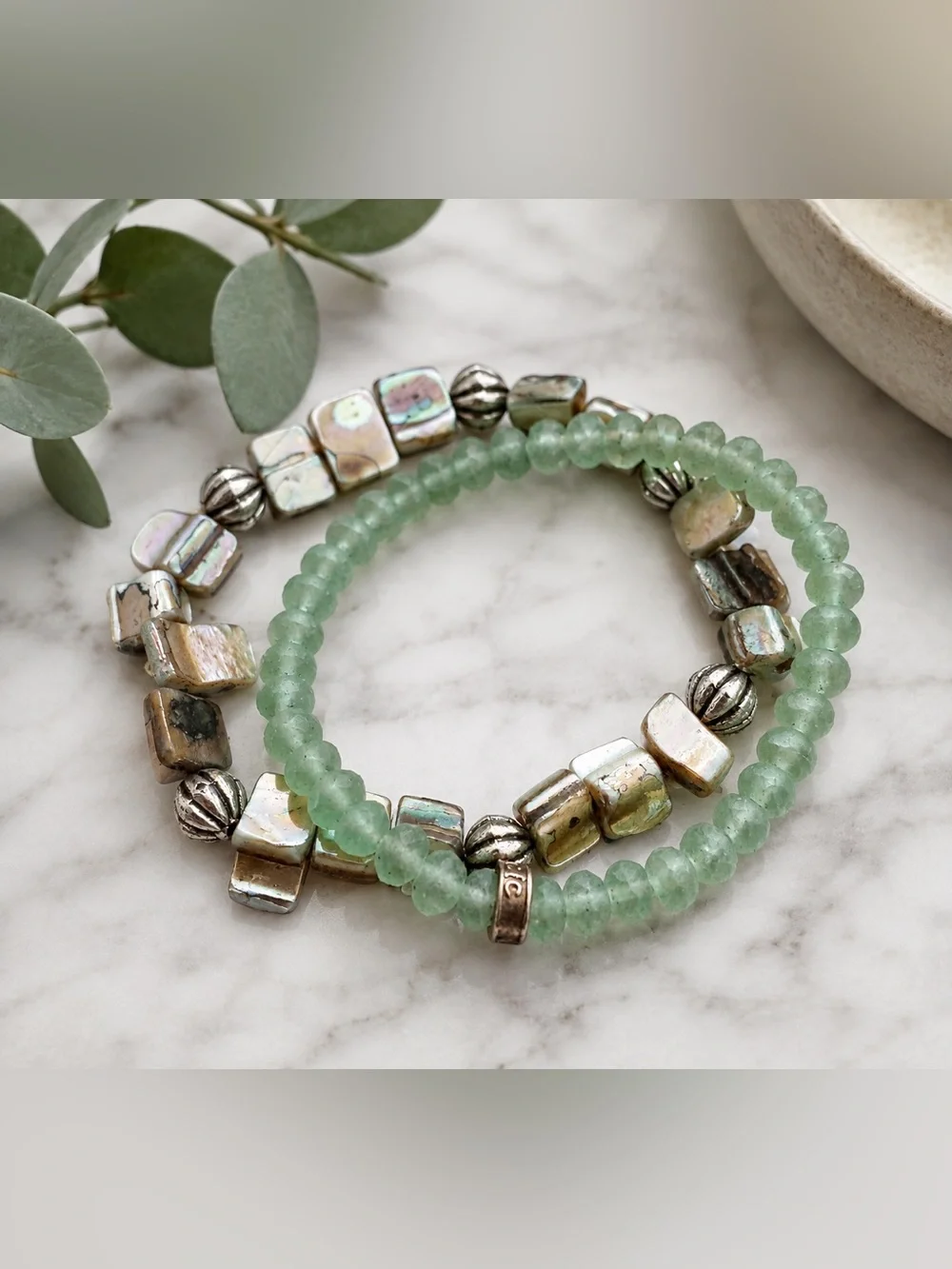 Abalone Shell & Seafoam Green Beaded Bracelet Set